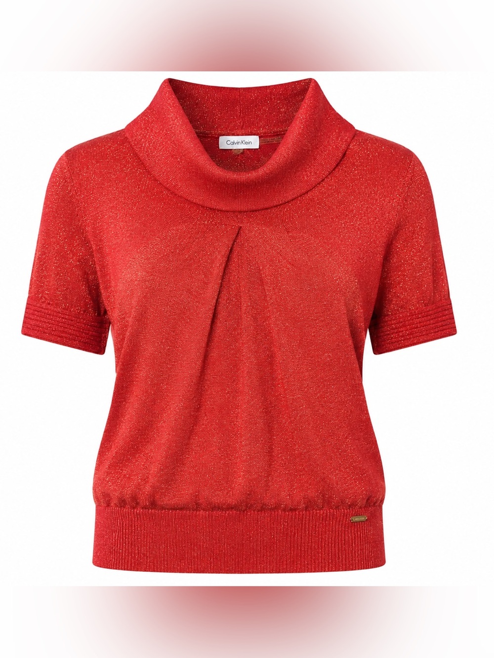Calvin Klein Red Metallic Shimmer Cowl Neck Knit Sweater Top Short Sleeve Large